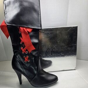 Ellie 418-Pirate Black PU Costume Boots Women's Size 7 Red Ribbon Lace-Up